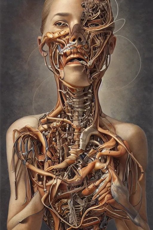 Image similar to beautiful portrait of biomechanical being by marco mazzoni, otomo katsuhiro, remnev andrey, detailed, realistic skin color