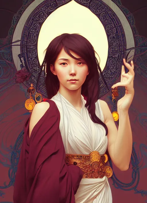 Image similar to A beautiful female monk, highly detailed, digital painting, smooth, sharp focus, tarot illustration, art by artgerm and alphonse mucha, high definition digital art, in the style of Ross tran and ilya kuvshinov