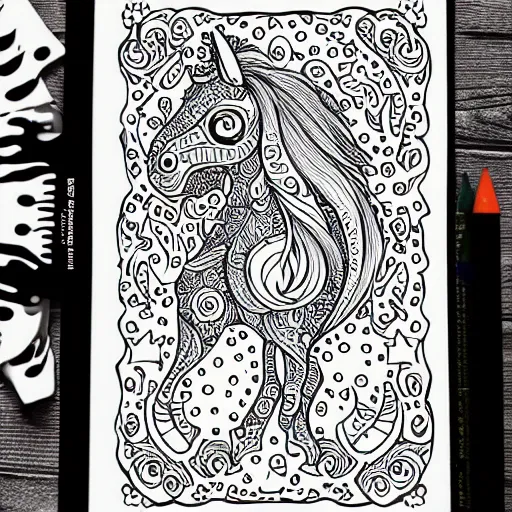 Image similar to full body unicorn, coloring book, black and white