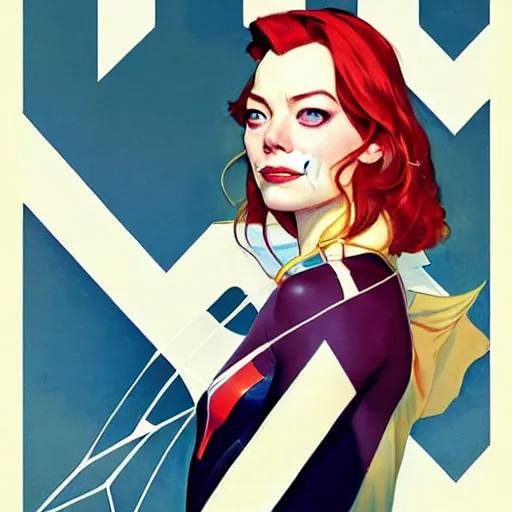 Image similar to Joshua Middleton comic cover art, Norman Rockwell, cinematics lighting, pretty Emma Stone as Spider Gwen symmetrical face, Marvel comics, hanging from white web, playful smirk, city in background