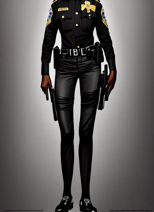 Prompt: full body portrait of young black woman as a police officer, police uniform, intricate, beautiful and elegant, highly detailed, digital painting, artstation, concept art, smooth, sharp focus, illustration, art by wlop, mars ravelo and greg rutkowski