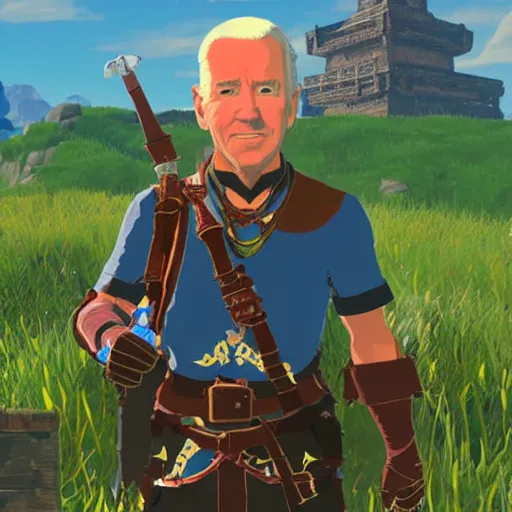 Prompt: screen shot of joe biden starring in zelda:breath of the wild ( video game )