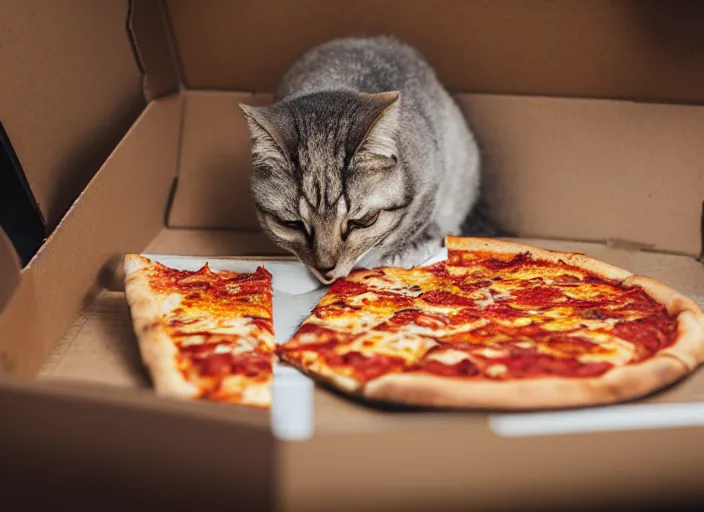Image similar to photo of a very fat cat angrily eating a slice of cheesy pizza inside a cardboard box. nikon d 8 5 0 5 5 mm.