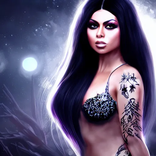 Image similar to portait haifa wehbe, centred, very long hair, hd, unreal engine, art digital painting, qin's moon style, amazing background theme