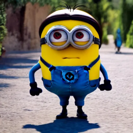 Image similar to super cute minion walking on a sunny Andalusian village, movie still, 4k