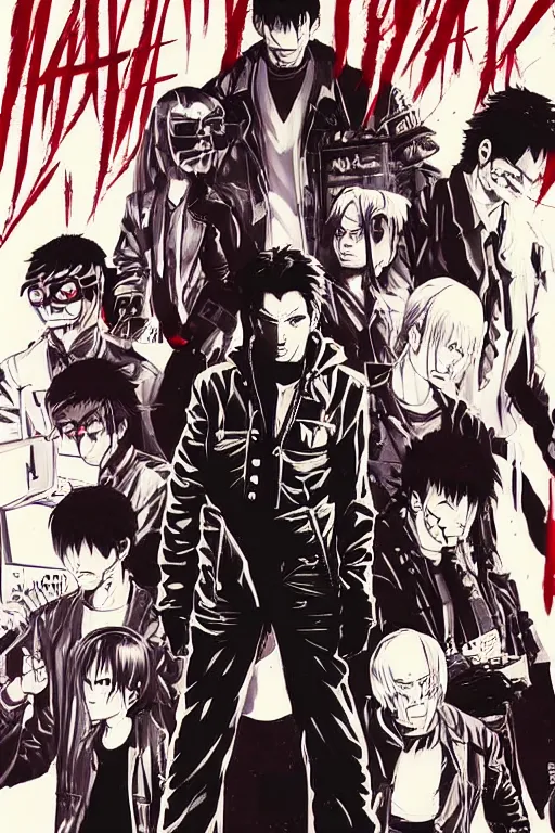 Image similar to professionally drawn 9 0 s seinen mature cyberpunk horror detective action manga comic cover for the movie escape from new york, full color, beautifully drawn coherent professional, drawn by ilya kuvshinov, ilya kuvshinov, and hiromu arakawa and tsutomu nihei. japanese script on the cover. simplistic minimalist.