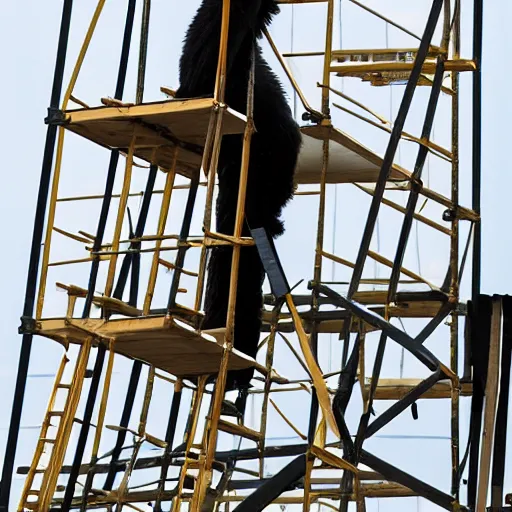 Prompt: man bear rigging a stage on a scaffold