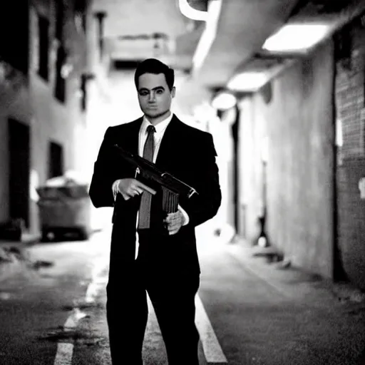 Prompt: “Ben Shapiro as a gangster with gun in hand, 4K, Dark alley way, gloomy lighting, award winning photo”