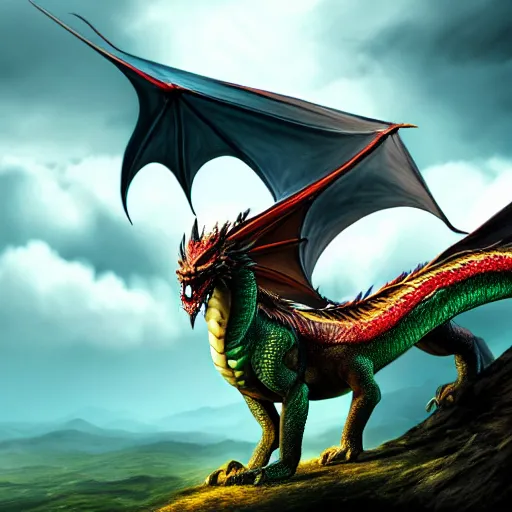 Image similar to Dragon on a hill, a god, god, ecstatic, infinite power, manic, perfect eyes, full body shot, magical being, magic, portrait, noble, transformation, vivid colors, elegant, concept art, sharp focus, digital art, Hyper-realistic, 4K, Unreal Engine, Highly Detailed, HD, Dramatic Lighting by Brom, trending on Artstation