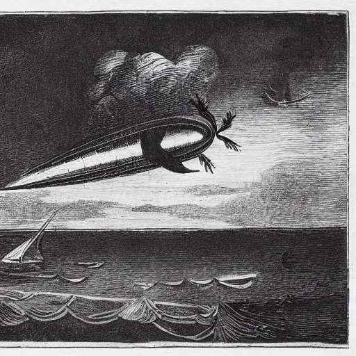 Prompt: grainy reproduction of a 1700s etching of a zeppelin being shot down over the ocean by a sailing ship