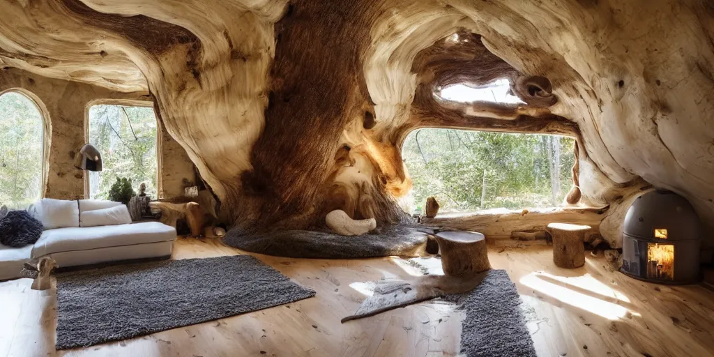 Image similar to cozy residence in the cap of enormous toadstool mushroom, warm light in windows, chimney