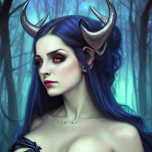 Image similar to wide angle, necromancer tiefling, blue dress, 2 jeweled horns, focused, forest, female, d & d, fantasy, intricate, elegant, highly detailed, long black hair, digital painting, artstation, octane render, concept art, matte, sharp focus, illustration, hearthstone, art by artgerm, alphonse mucha johannes voss