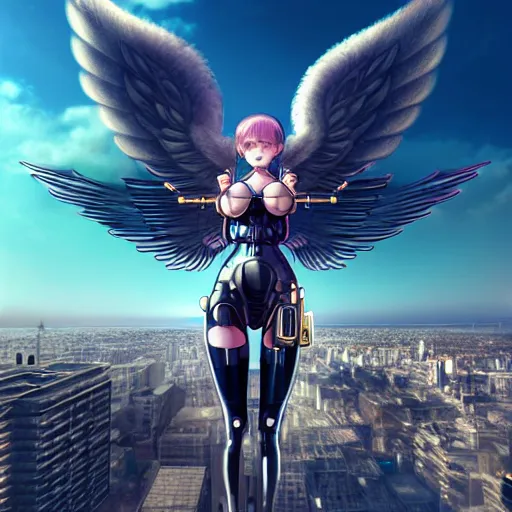 Image similar to cute endowed cyborg - angel girl with large angelic wings standing on the edge of a rooftop overlooking a floating city, left eye gold and right eye silver, biomechanical details, bionic cyborg implants, digital cyberpunk - anime art, full body shot, reflections, lens flare, wlop, ilya kuvshinov, artgerm, krenz cushart, greg rutkowski