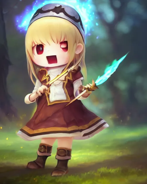 Prompt: oil painting of a cute chibi MapleStory female, casting a spell with a teaspoon, wearing a MapleStory archer outfit, sharp focus, fantasy style, octane render, volumetric lighting, 8k high definition, by greg rutkowski, highly detailed, trending on artstation, magic the gathering artwork, Perion background from MapleStory, centered