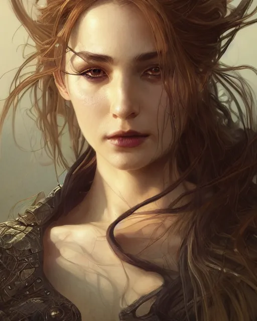 Image similar to close up portrait of a ruggedly handsome female witch, soft hair, half body, leather, d & d, fantasy, intricate, elegant, highly detailed, digital painting, artstation, concept art, smooth, sharp focus, illustration, art by artgerm and greg rutkowski and alphonse mucha