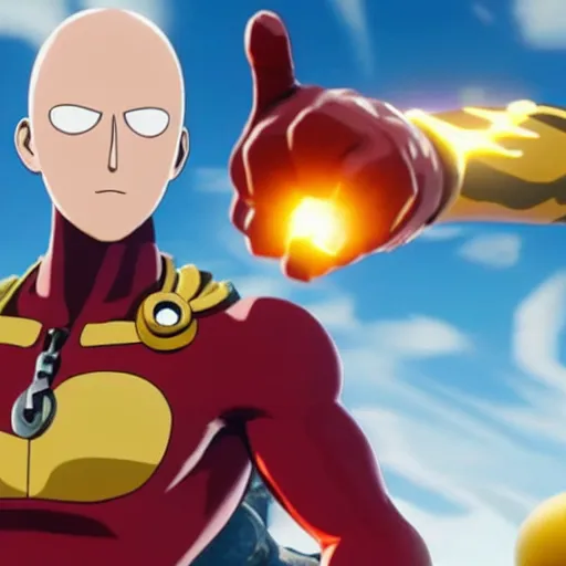 Image similar to one punch man in fortnite, character render, full body shot, highly detailed, in game render