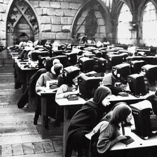 Prompt: Photo of student wizards using a computer in Hogwarts