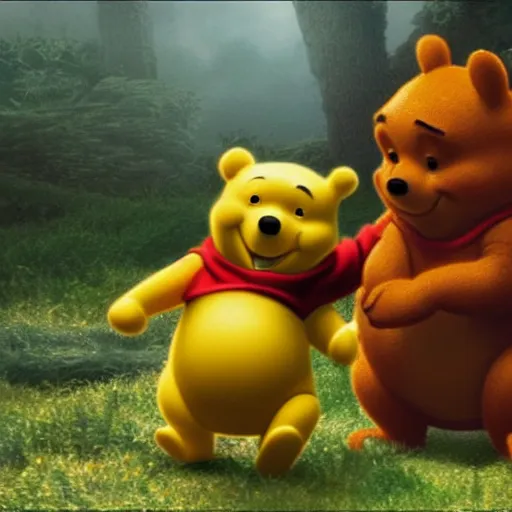 Prompt: winnie the pooh in the movie godzilla, cinematic, volumetric lighting, realistic, hyperdetailed, photorealistic, photograph