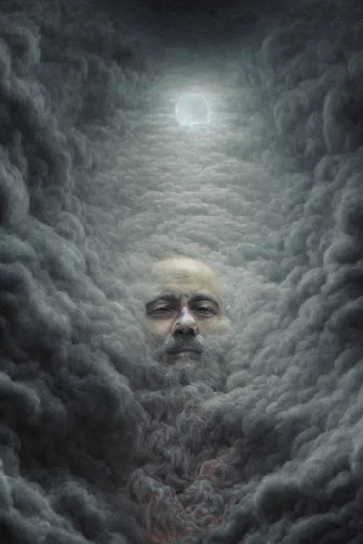 Image similar to intricate stunning highly detailed portrait of gerard quintana, digital painting by agostino arrivabene and vladimir kush, surreal, ultra realistic, horror vacui, dramatic lighting, full moon, thick black swirling smoke tornado, burning fire embers, artstation