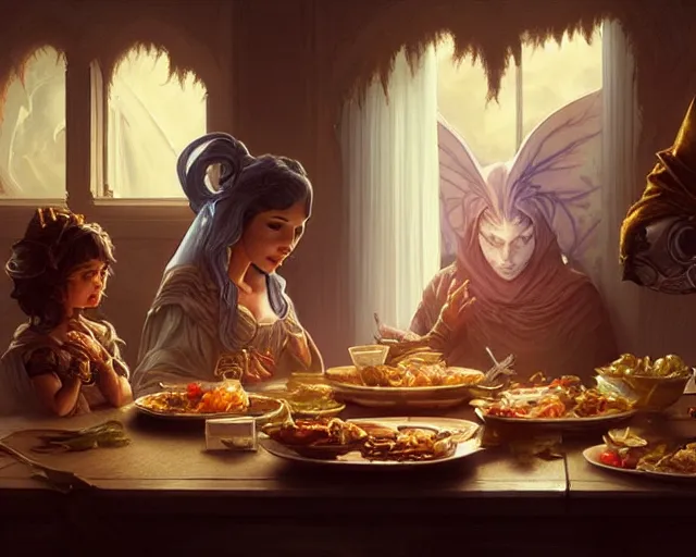 Image similar to a ghost looking at a family eating dinner, deep focus, d & d, fantasy, intricate, elegant, highly detailed, digital painting, artstation, concept art, matte, sharp focus, illustration, hearthstone, art by artgerm and greg rutkowski and alphonse mucha