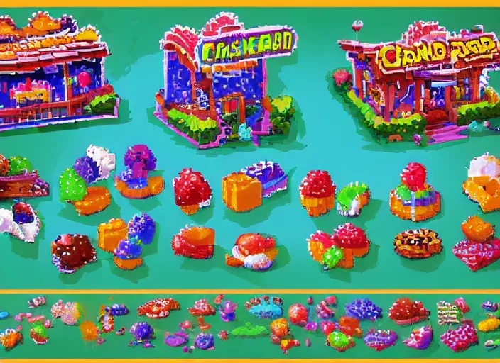 Prompt: pixel arts sheet for a game candy themed, candy park, oil painting by jama jurabaev, extremely detailed, brush hard, artstation, for aaa game, high quality, brush stroke