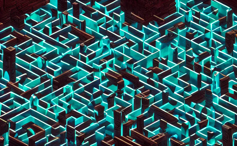 Image similar to interior of an elaborate labyrinth of runic cubes, dark teal, endless maze - like runes, ultrarealistic beautiful cinematic lighting, sharp focus, masterpiece by satoshi kon, crystal cubism, greeble, tesseract, darksynth, high definition