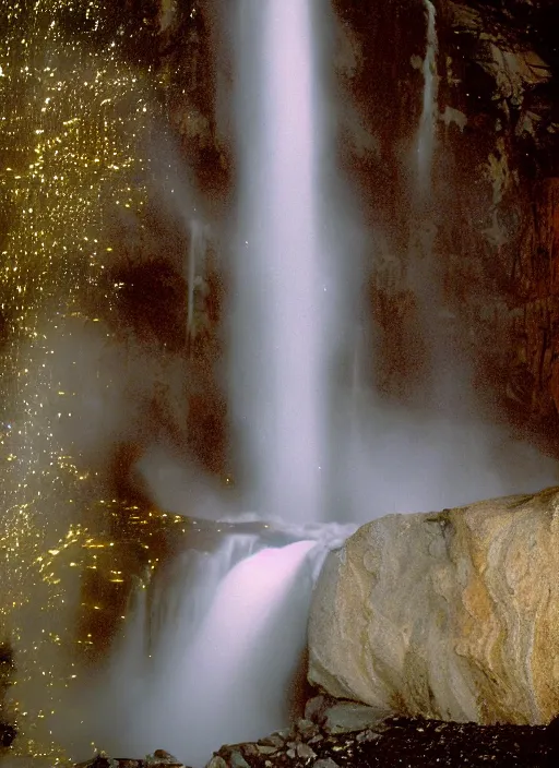 Prompt: a 2 8 mm macro kodachrome photo of a waterfall made of glowing glitter stardust and sparks, flowing into the river in the valley in yosemite national park in the 1 9 5 0's, seen from a distance, bokeh, canon 5 0 mm, cinematic lighting, film, photography, moonlight, long exposure, depth of field, award - winning