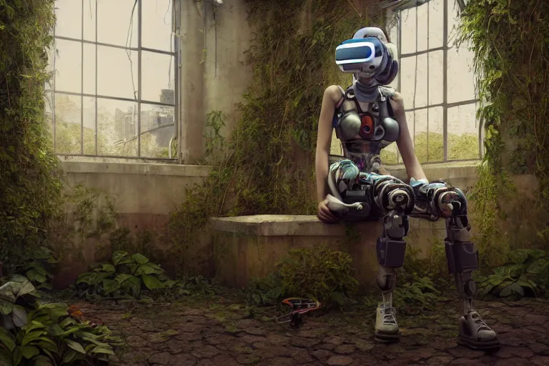 Image similar to Broken cyborg girl with VR helmet sitting on old courtyard with mud and an old playground between two soviet five-storey overgrown with ivy panel houses, high details, cinematic, 8k resolution, beautiful detailed, insanely intricate details, artstation trending, rule of third, octane render, unreal engine