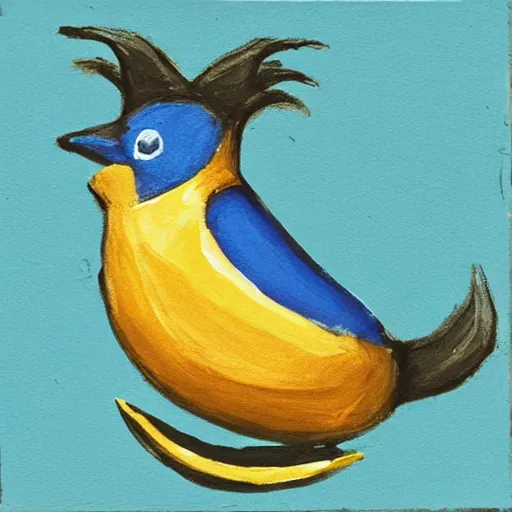 Image similar to “gouache painting of a small boy riding on a giant bluebird, hd”