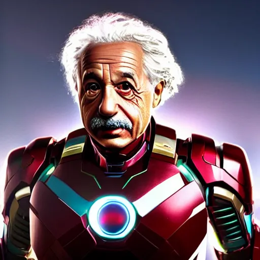 Image similar to albert einstein as tony stark in ironman, cinematic lighting, dramatic, octane render, long lens, shallow depth of field, bokeh, anamorphic lens flare, 8 k, hyper detailed, 3 5 mm film grain