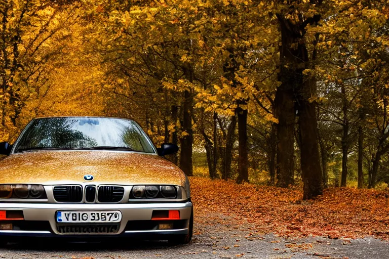 Prompt: A BMW e36 parked in a road with trees, autumn season, Epic photography, taken with a Canon DSLR camera, 150 mm, depth of field