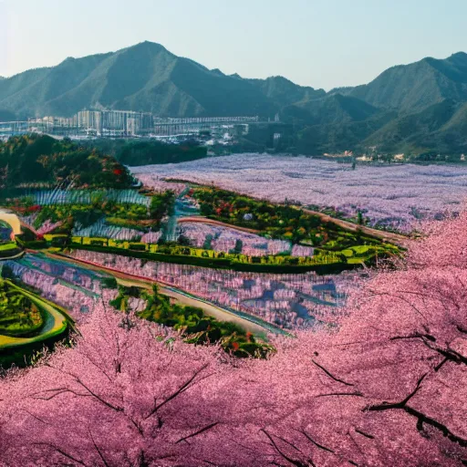 Image similar to a city inspired by china made of cherry blossoms and vines