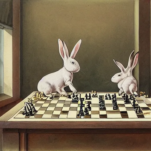 Image similar to two rabbits playing chess inside a ballroom, watercolour realism