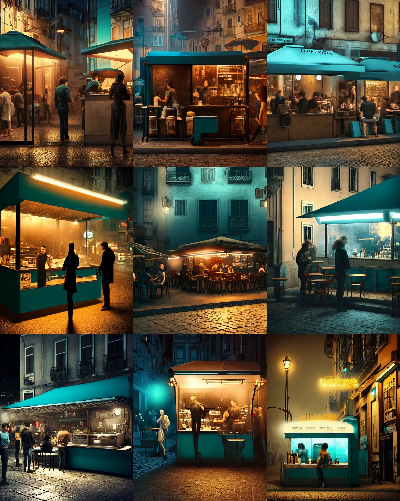 Prompt: establishing shot outdoor coffee stand lisbon night, scene blade runner, customers drinking outdoor coffee stand, steamy, dark teal lighting, hard dramatic lighting, unreal engine, hyper realism, realistic shading, cinematic composition, blender render, octane render, hdr, detailed textures, photorealistic, sharp focus, wide shot