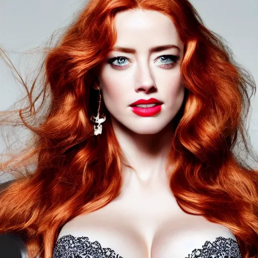 Image similar to photo of a gorgeous christina hendricks amber heard hybrid by mario testino, realistic, professionally, professionally color graded, half body shot, victoria's secret, sharp focus, 8 k high definition, insanely detailed, intricate, elegant, sony a 7 r