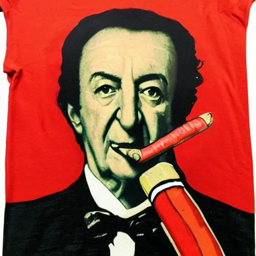 Prompt: a tee shirt on sale on vinted featuring the head of edouard balladur smoking a large cigar on a red background in the style of a rockstar