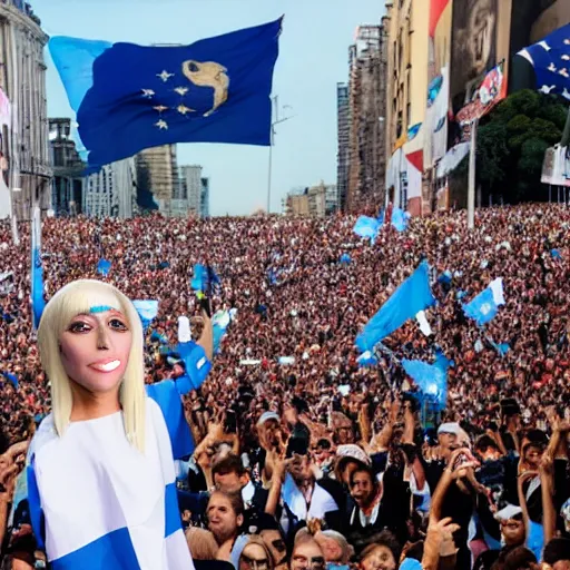 Image similar to Lady Gaga as president, Argentina presidential rally, Argentine flags behind, bokeh, giving a speech, detailed face, Argentina