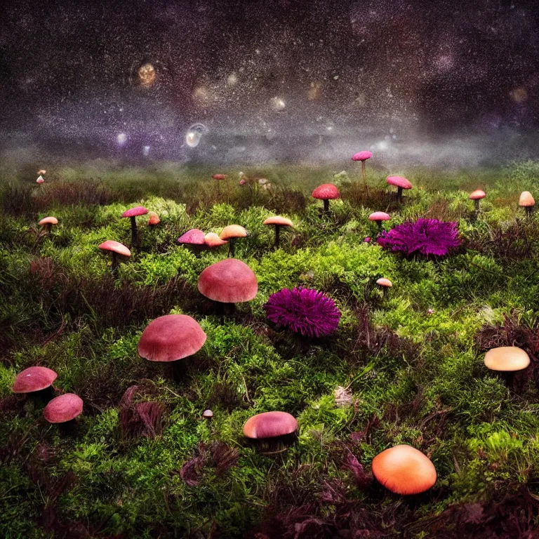 Image similar to a planet of various fungus, mushrooms, flowers and plants, inside the picture is infinity, Atmospheric, artistic photography, conceptual, long exposure outside the city, volumetric light