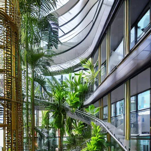 Image similar to The atrium of a contemporary building filled with tropical plants, 4k