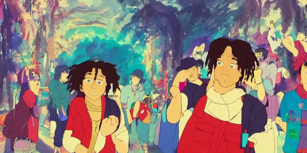 Image similar to colourful - gangster - chiefkeef , cinema lighting , Music video , in the style of studio Ghibli,