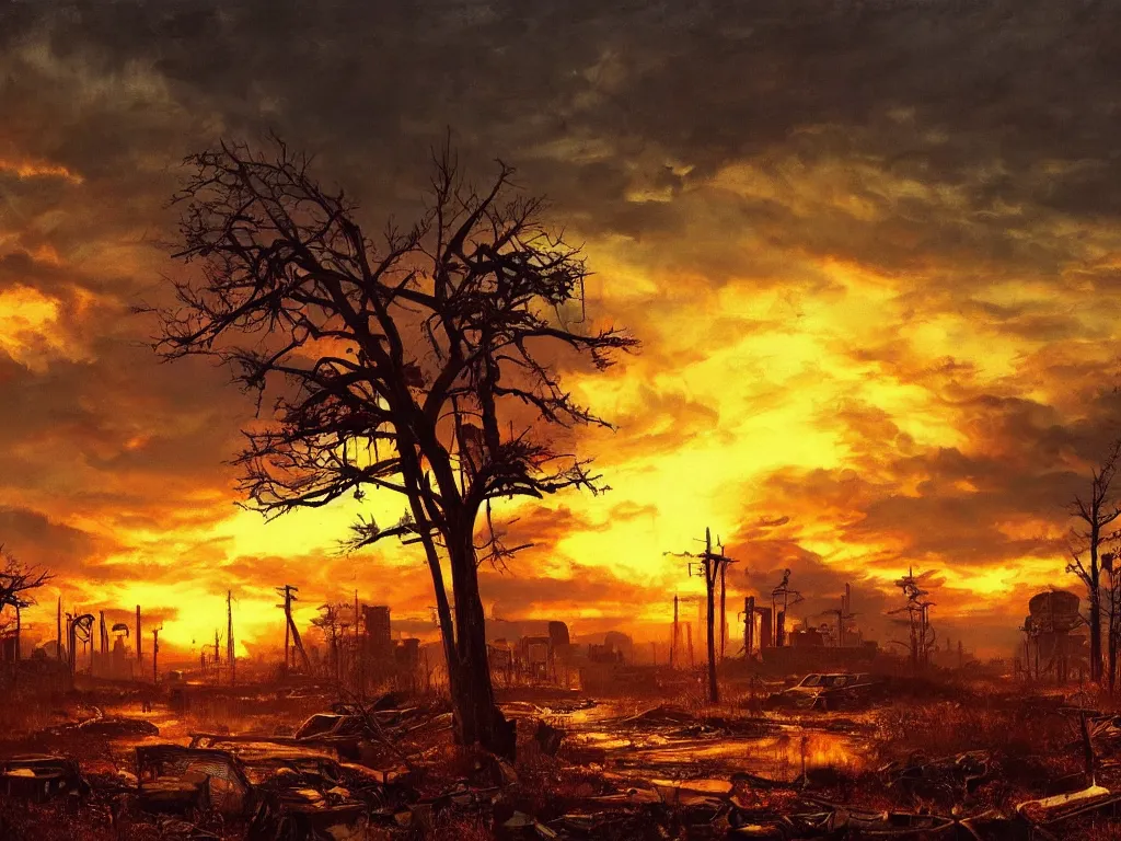 Prompt: a post apocalyptic atlanta landscape after a nuclear war, beautiful radioactive sunset lighting, beautiful painting, fallout 4, painted by albert bierstadt