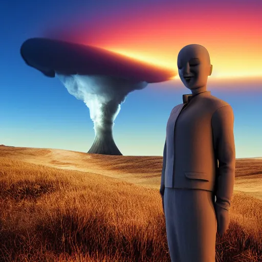 Image similar to a smiling mannequin standing in a hill, nuclear explosion in the background, 3 d render, octane, ray tracing, ultra detailed, photorealistic, ultra high resolution, 8 k,