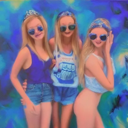 Prompt: “springbreak party, 3 teenage girls, blue tones, hyper realistic oil painting”