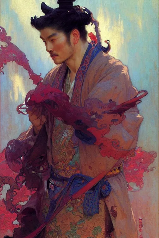 Image similar to attractive man, ming dynasty, cool colors, painting by gaston bussiere, craig mullins, greg rutkowski, alphonse mucha