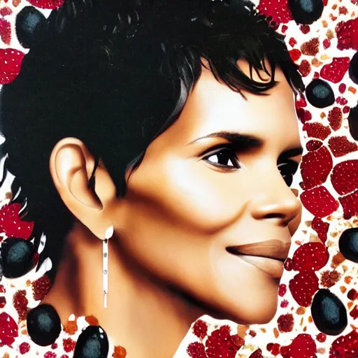 Image similar to a portrait of of halle berry constructed from berries, collage, drop shadow, organic, layered composition, layers, texture, mcu, petals, highly textured, layered, sculpted, dynamic,