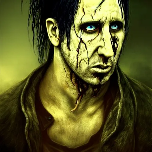 Image similar to color portrait of young and handsome zombie trent reznor from nin as a zombie with shoulder length hair, 7 days to die zombie, gritty background, fine art, award winning, intricate, elegant, sharp focus, cinematic lighting, digital painting, 8 k concept art, art by brom, art by guweiz and z. w. gu, art by michael hussar, 8 k