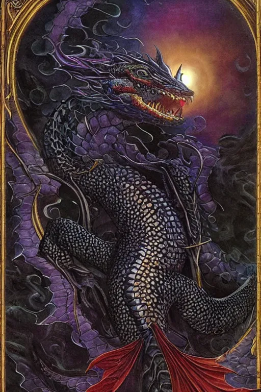 Prompt: beautiful black dragon with the moonlight shining on its scales | bejeweled lizard | cinematic lighting | Evelyn De Morgan and John Waterhouse | medieval painting | rich colors