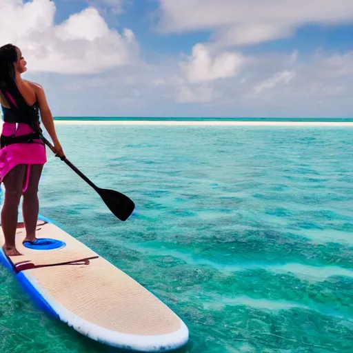 Image similar to a woman on a standup paddle board in the Maldives with a coconut drink, photo realistic, 8k