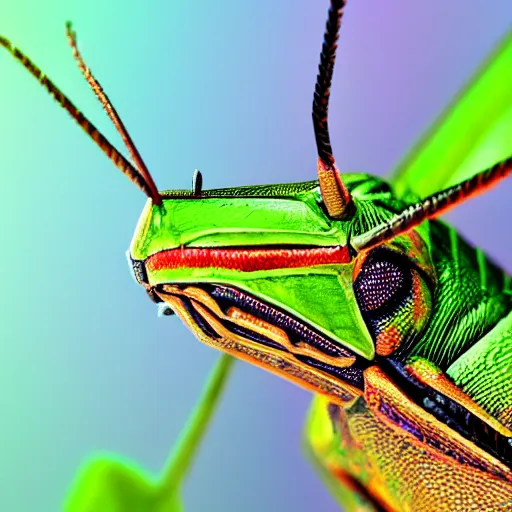 Prompt: a closeup photorealistic photograph of grasshopper. film still, vibrant colors. this 4 k hd image is trending on artstation, featured on behance, well - rendered, extra crisp, features intricate detail, epic composition and the style of unreal engine.