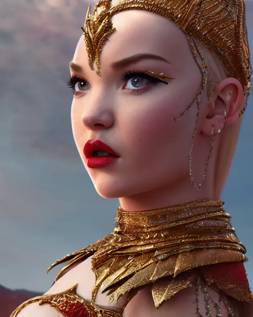 Image similar to an epic dramatic portrait of dove cameron as dejah thoris the princess of mars, very low angle, detailed face, epic art, trending on artstation, deviantart, high detail, high definiton, ultra realistic, hyper realistic, photo realistic, 4 k uhd